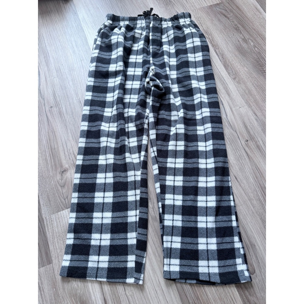 Essential Wear by 7 Apparel Mens Plaid Fleece Pajama Pants Black White Medium